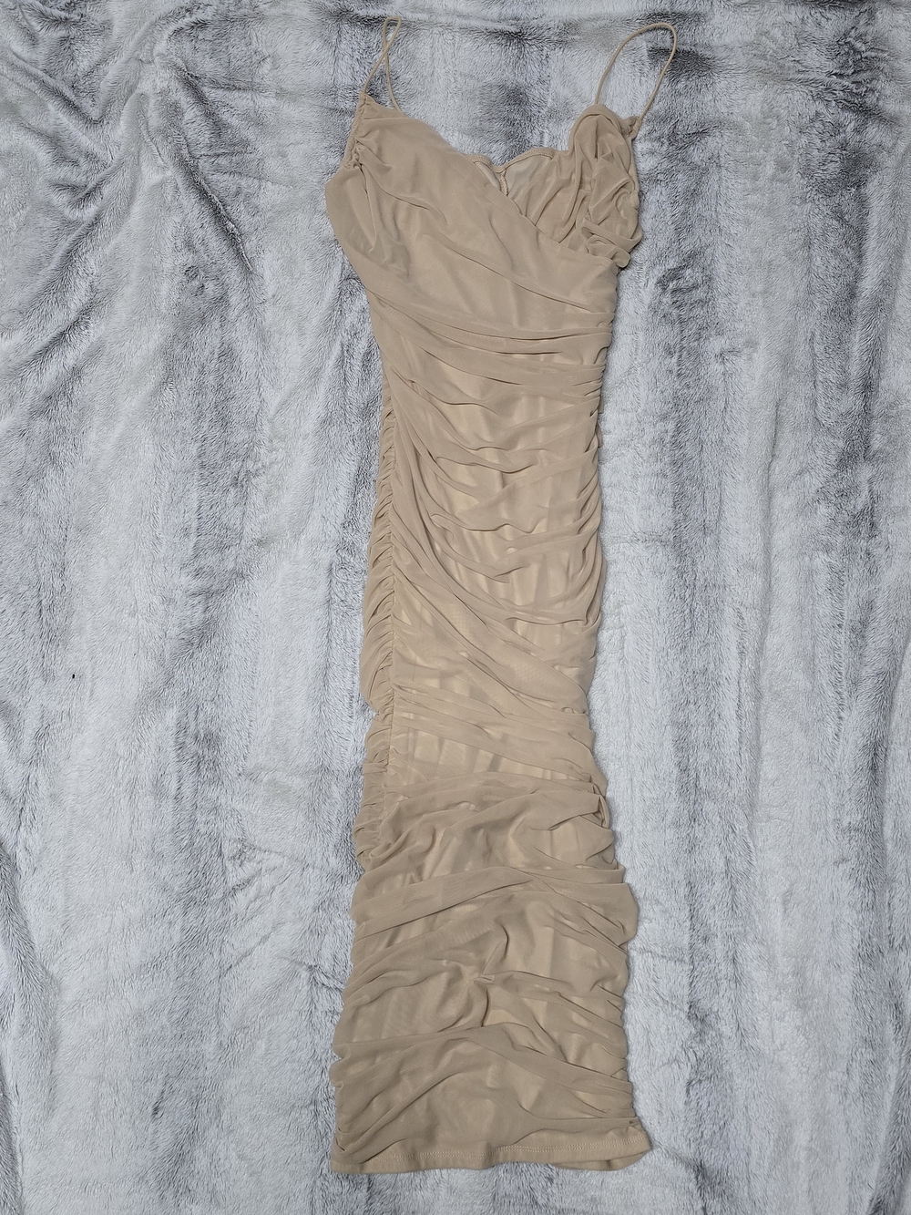 Beige Ruched Bodycon Slip Dress - Brand Unknown